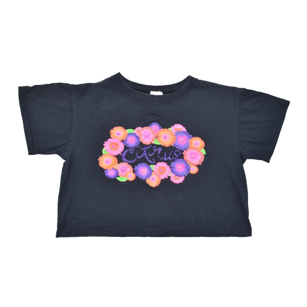 Citrus Vintage Crop Top Shirt One Size Fits All Black Floral Graphic USA Made